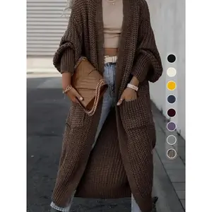 Women's Solid Drop Shoulder Long Cardigan, Casual Basic Pocket Long Sleeve Cardigan, Ladies Knitwear for Spring & Fall Daily Wear, Sweaters for Women, Womenswear