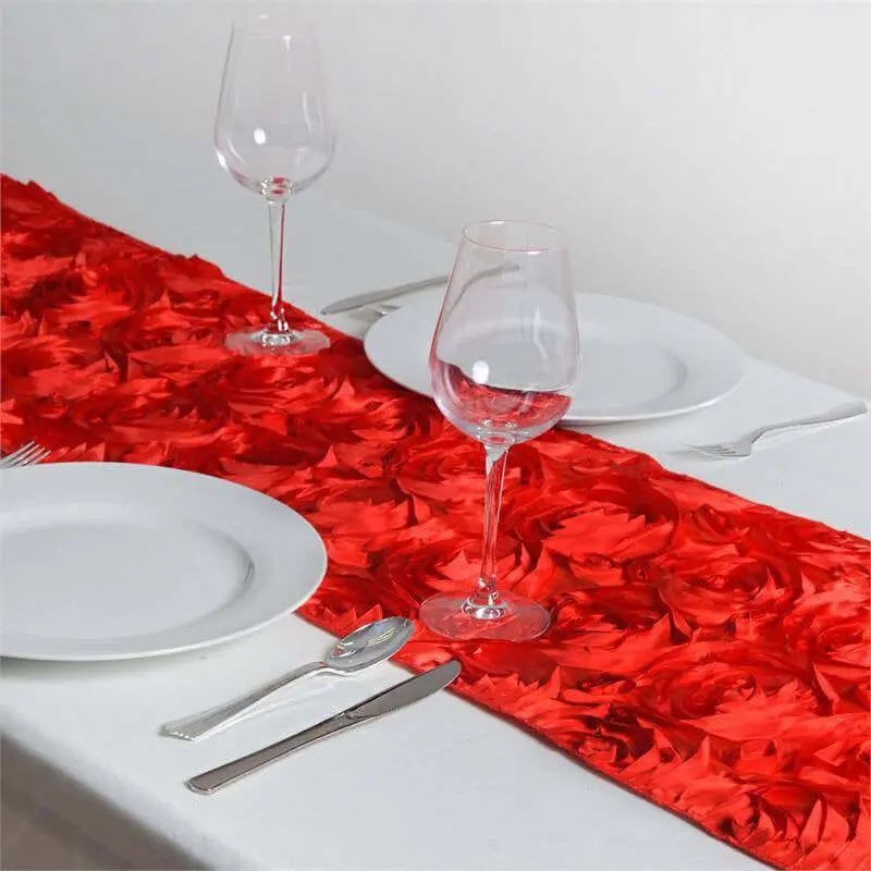 Red Satin Rosette Table Runner, 14"x108" Grandiose Fabric Decor for Table Setting, Banquet, Party Events