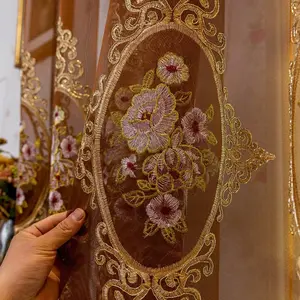 Vintage Luxury Gold Embroidered Curtain, Elegant Hole Top Hanging Drapes for Bedroom Living Room Room Divider Home Decor, Home Decoration Curtain