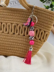 Colorful Beaded Keychain Pendant with Leopard Print and Flower Design, Mini Boots Style with Tassel, Fashionable Gift for Friends