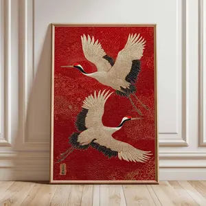 2D Crane Vintage Wall Art Print, Elegant Gold Eastern Bird Design, Traditional Asian Poster, Frameless Home Decoration