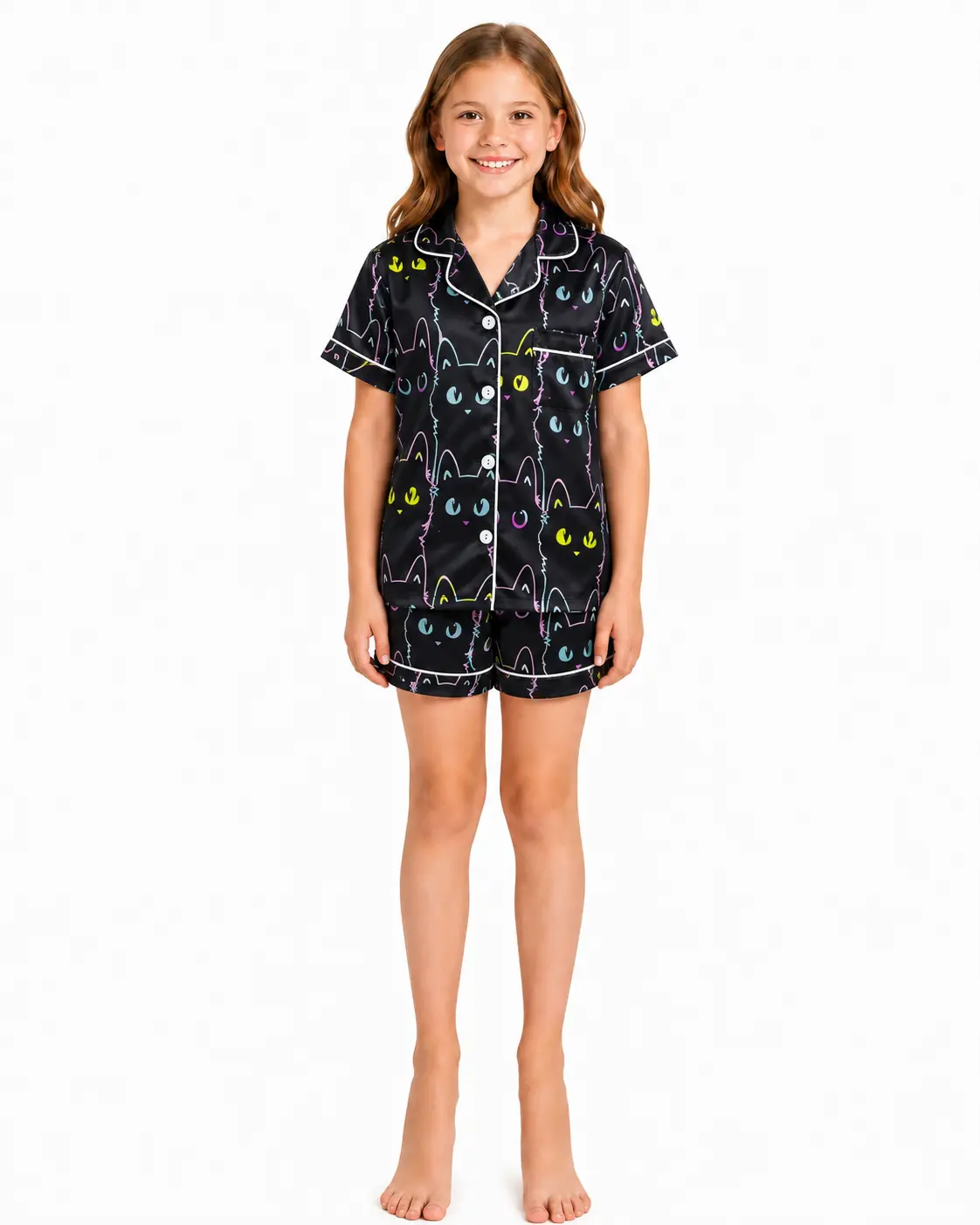 Kids Black Cat Print Satin Pajama Set, Short Sleeve Button Down Shirt & Shorts 2 Piece Sleepwear Set, Ages 5-14
