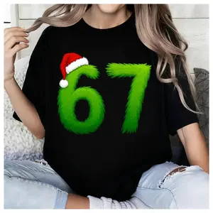 Unisex Funny Generation Z Pop 67 meme T-Shirt with Green Guy Inspiration Santa Hats Graphic, 100% Cotton Tee for Xmas Gift