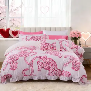 Leopard Print Ruffled Edge Duvet Cover Set 5 Pieces with Satin Pillowcases Soft Comfortable Bedding for Home Bedroom Decor Perfect Gift for New Year & Valentine's Day