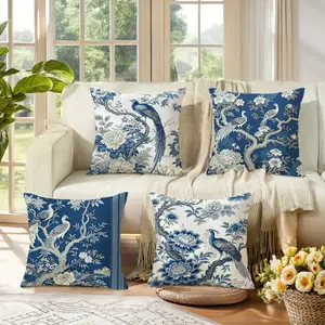4pcs Chinoiserie Bird and Flower Throw Pillow Covers - Vintage Asian Decor Cushion Covers Suitable for Sofa, Patio, Zippered Farmhouse Cushion Cases, Hand Wash Only (No Inserts) Home Decorative Cushion