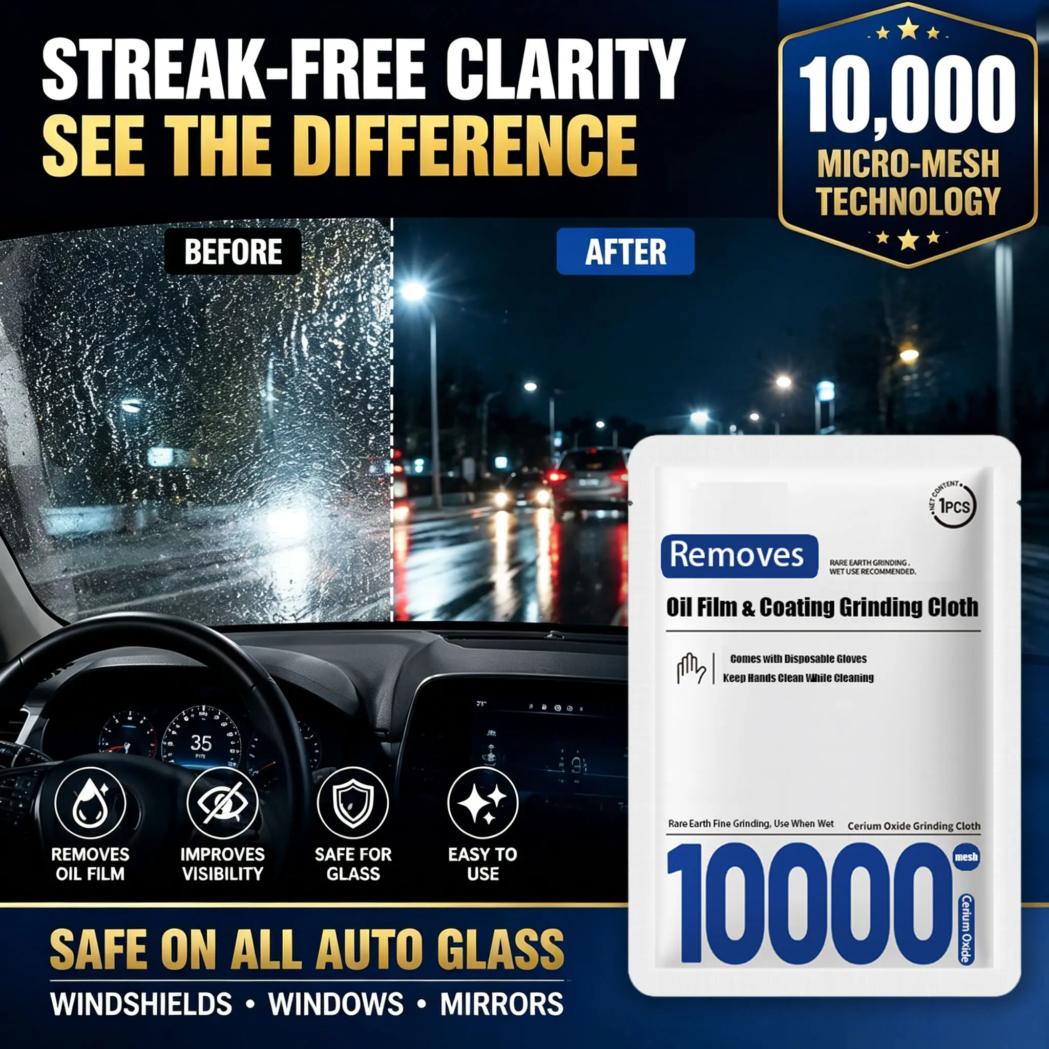 Oil Film Polishing Wipes for Windshield - 10,000 Mesh Ultra-Fine Particles, Scratch-Free Glass, Streak-Free Window Decontamination, Fast Cleaning, Compact & Portable, Disposable Gloves Included
