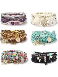 6 Sets Bohemian Stackable Bracelets for Women Multilayered Bead Bracelet Set Boho Stretch Strand Bangles Multicolor Fashion Jewelry