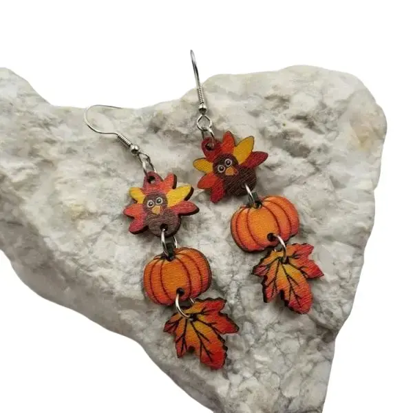 Rustic Fall Wood Dangle Costume Earrings - Unisex Jewelry with Turkey, Pumpkin, Maple Leaf Designs for Thanksgiving