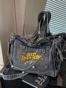 Casual Y2K Style Chic Soft Jeans Tote Bag with Chain & Letter Pattern - Large Capacity Shoulder/Crossbody Bag, Gray Denim with "GROOVY TRIPPY HEART" Yellow Embroidery, Perfect for School/Travel/Commute/Daily Use