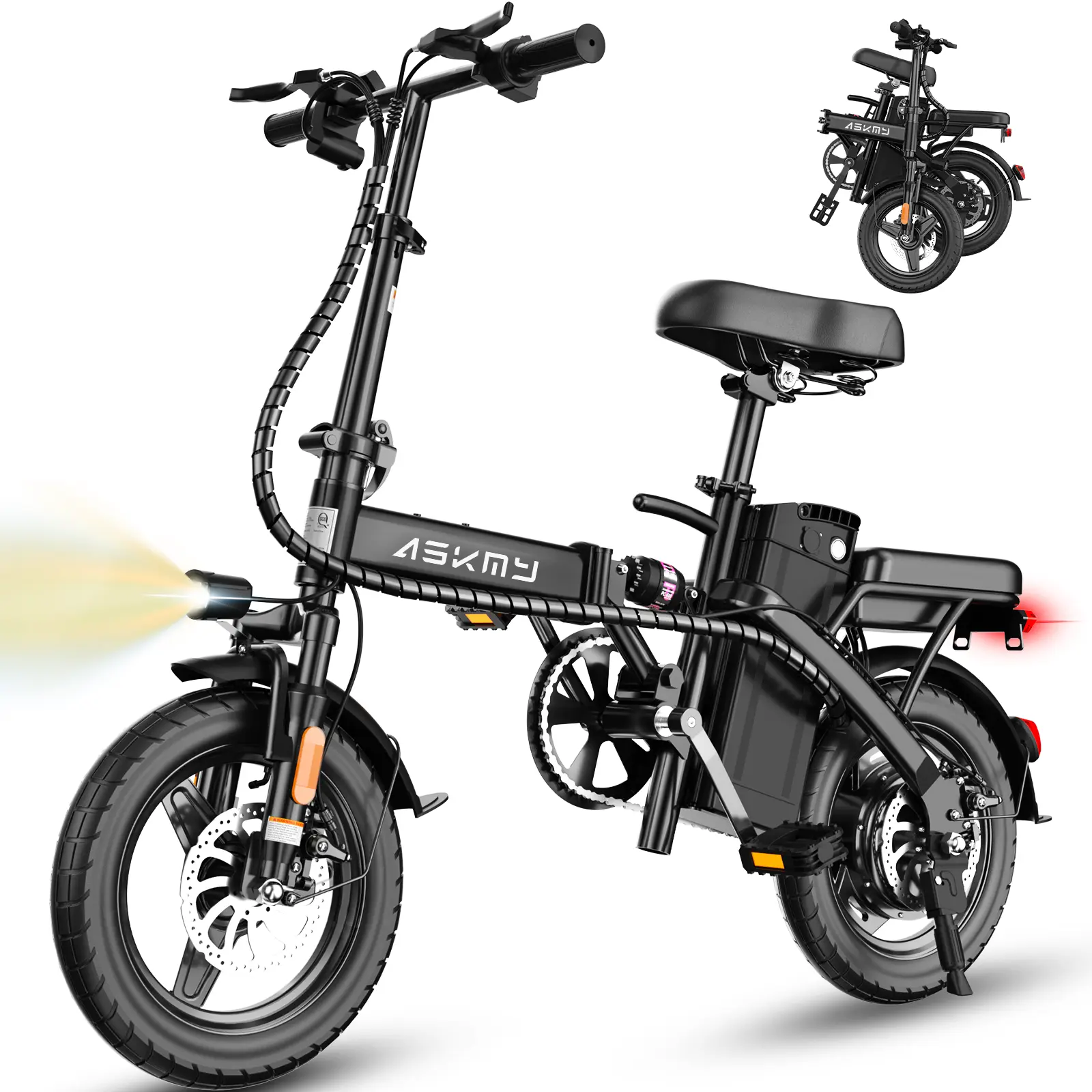 ASKMY E14 Lightweight Folding Electric Bicycle, 750W–1000W Peak Motor | Up to 45 Miles Range | 14" Tubeless Tires, Dual Brakes | UL Certified Battery for Urban Riding