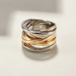 NSR086 Tricolor Intertwined Statement Ring Surgical Stainless Steel Hypo-Allergenic Multi-Row Design Polished Finish 361L Steel Silver Gold Rose Gold Tones