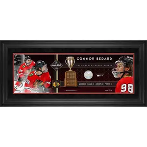 Connor Bedard Chicago Blackhawks 2024 Calder Trophy Winner Framed 10" x 30" Panoramic with a Piece of Game-Used Net from NHL Debut Game - Limited Edition of 198