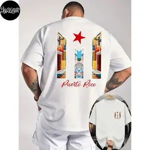 Men's Puerto Rico themed T-shirt - back tattoo pattern and chest pocket logo, loose and breathable casual summer short sleeved shirt, outdoor wear and proud clothing of Puerto Rico culture