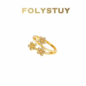 Multi-4 Petal Flower [FOLYSTUY] Handmade Ring with White Diamond Engraved Flowers, Adjustable Size YNZ16.YNZ27