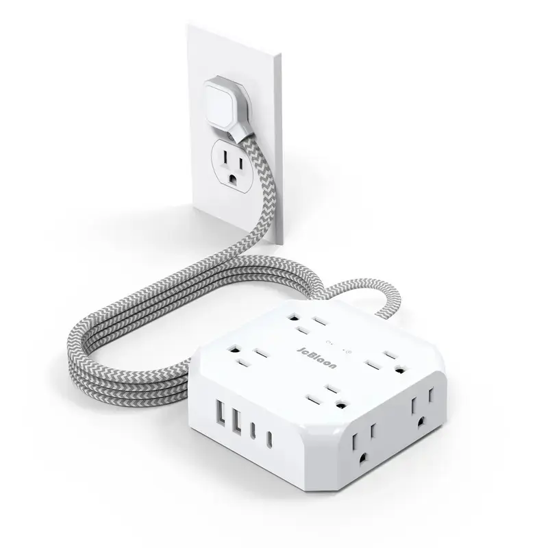 12-In-1 3-Sided Rectangular Electrical Wall Socket Extender - 8-Slot Power Strip Expander with 8 Outlet Slots, 2 USB Ports, 2 Type-C Ports for Home Office Phones & Electronics Charging