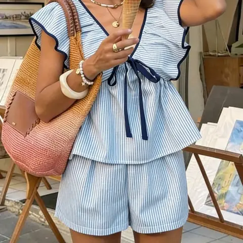 Elegant Striped Wood Ear Patchwork Side Zipper Tie Top + fashionable Shorts Set, Shorts and Tops, Stylish Design, Perfect for Casual Wear, Comfortable and Chic