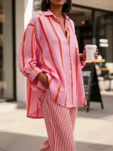 Women's Striped Loose Shirt, Casual Fashion Shirt, Elegant Casual Button Front Open Front Top with Pockets, Perfect for Commuting, Lazy All Seasons Wear, No Pants Needed
