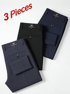 3-pcs Men's Loose Straight Leg Elastic Formal Pants, Anti-Wrinkle Comfortable Business Trousers for Formal and Casual Occasions