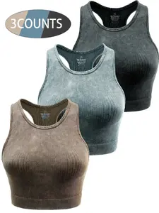 Women's Solid Ribbed Texture Sports Crop Vest, Casual Sleeveless Racer Back Tank Top for Yoga Gym Workout, Sportswear for All Seasons, Casual Workout Tops, Activewear, Workout Apparel