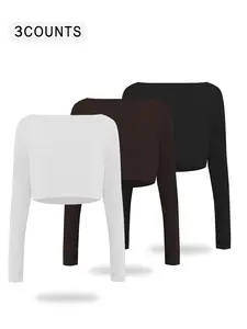 3PCS Women's Solid Color Long Sleeve Sports T-Shirts, Back Cross Design Short Waist Thumb Button, Loose Fit Casual Gym Running Outdoor, Gym Workout Tops