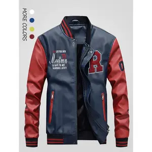 Men's Colorblock Letter Embroidery Button & Zipper PU Faux Fur Bomber Jacket, Regular Fit Casual Long Sleeve Baseball Collar Zipper Pocket Outerwear for Fall & Winter, Men's Clothes for Daily Wear, Casual Fashionable Jacket