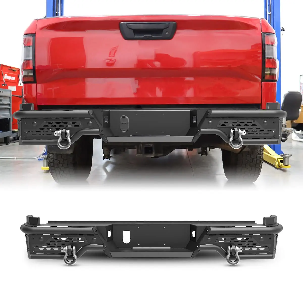 WOLFSTORM Rear Bumper for 2022-2025 Nissan Frontier, 4 × Pod Lights, convenient step platforms, customizable finish, lighting ready, OEM compatible Auto Replacement Bumper