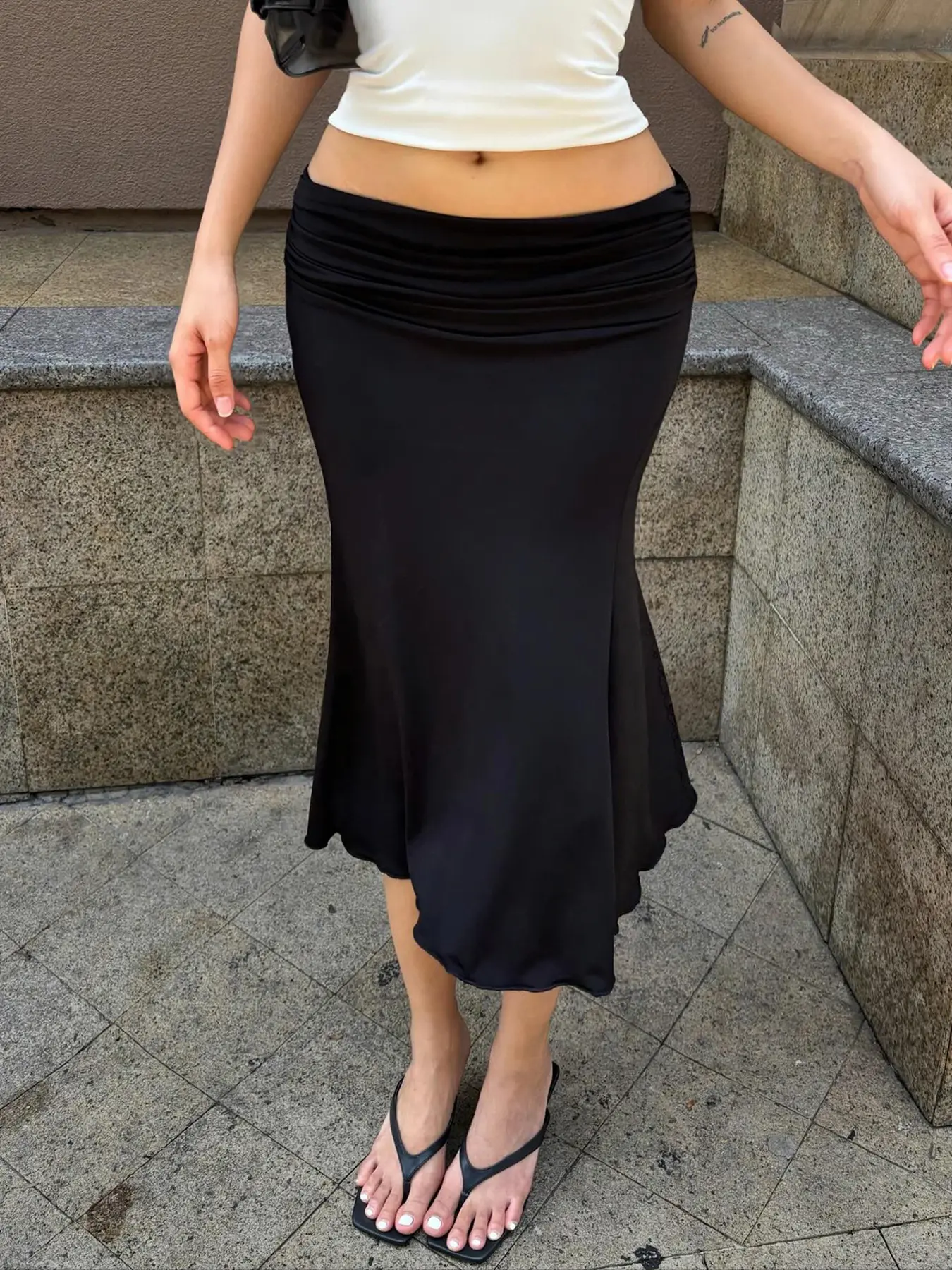 Elegant Women's Flounce Low Waist Bodycon Solid Drop Waist Skirt, Slimming Mid-Length Dress, Versatile Comfortable Fit for Daily Commute & Parties, Elegant Fashion Skirt