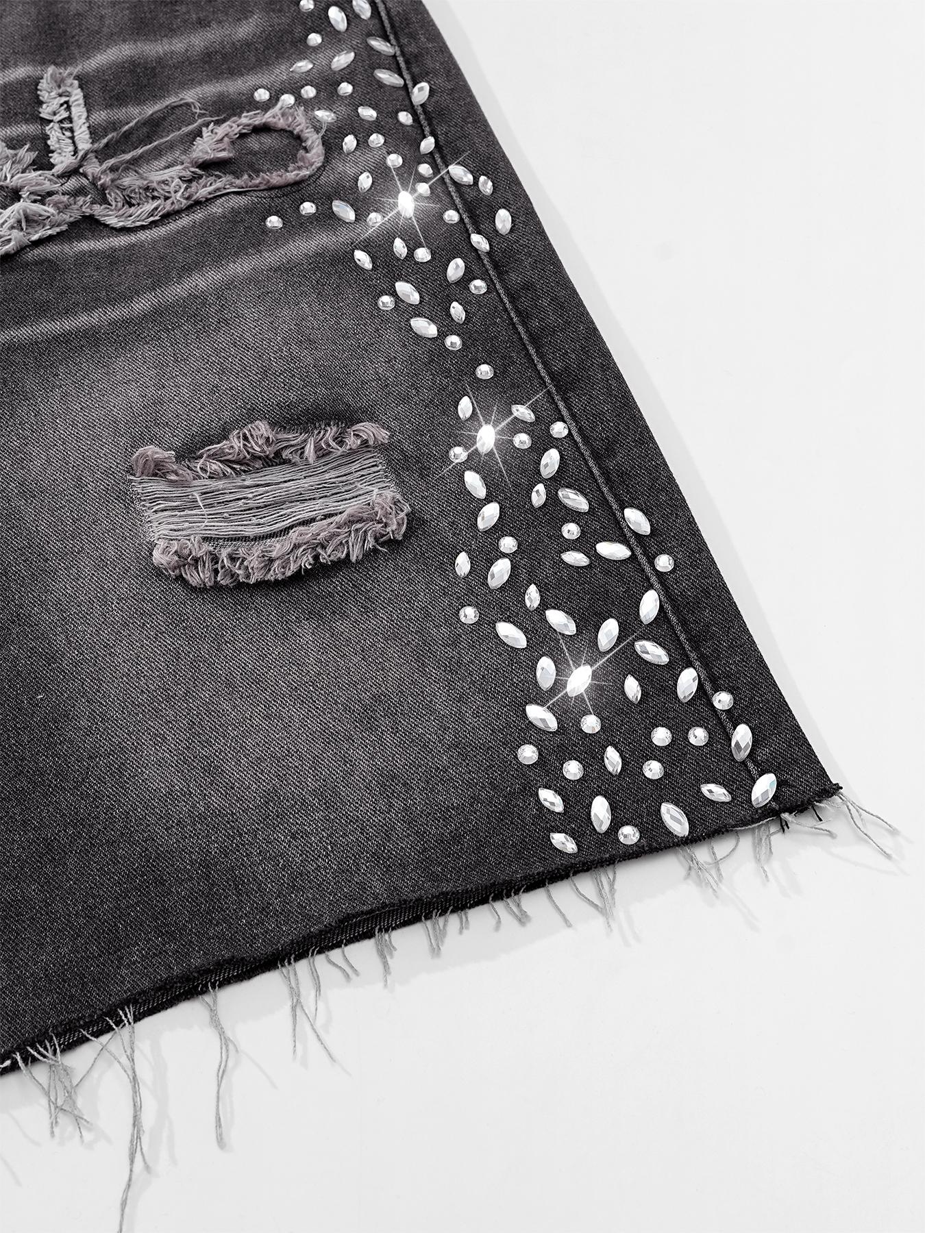 mens jorts，Rhinestone-Embellished Denim Shorts, Low-Rise Frayed Denim Shorts, Loose-Fit Jeans, Distressed Slim-Fit Straight-Leg Jeans