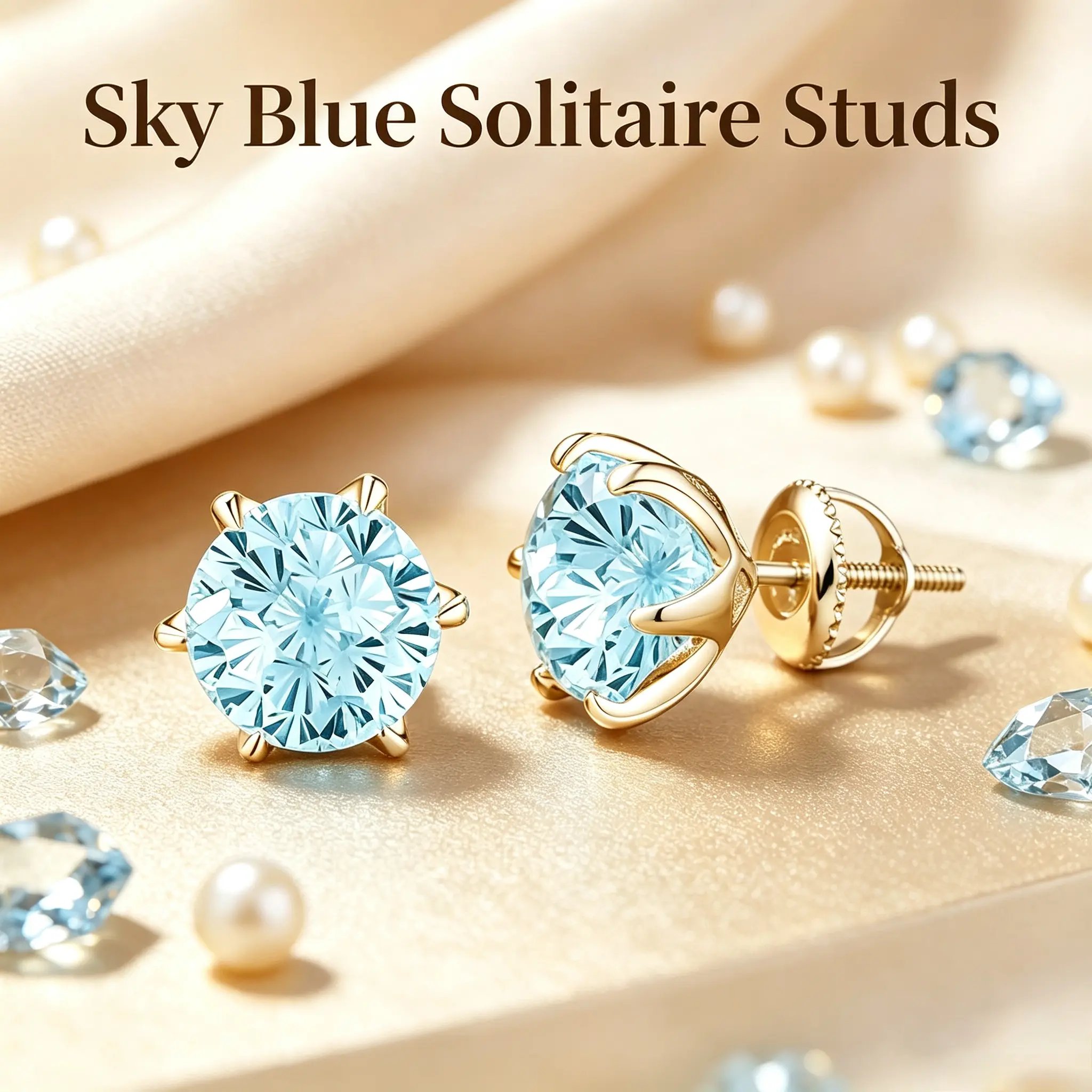 3CT Round Aquamarine Blue Moissanite Stud Earrings S925 Sterling Silver Gold Plated Screw Back Hypoallergenic for Women exquisite earring