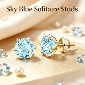 3CT Round Aquamarine Blue Moissanite Stud Earrings S925 Sterling Silver Gold Plated Screw Back Hypoallergenic for Women exquisite earring