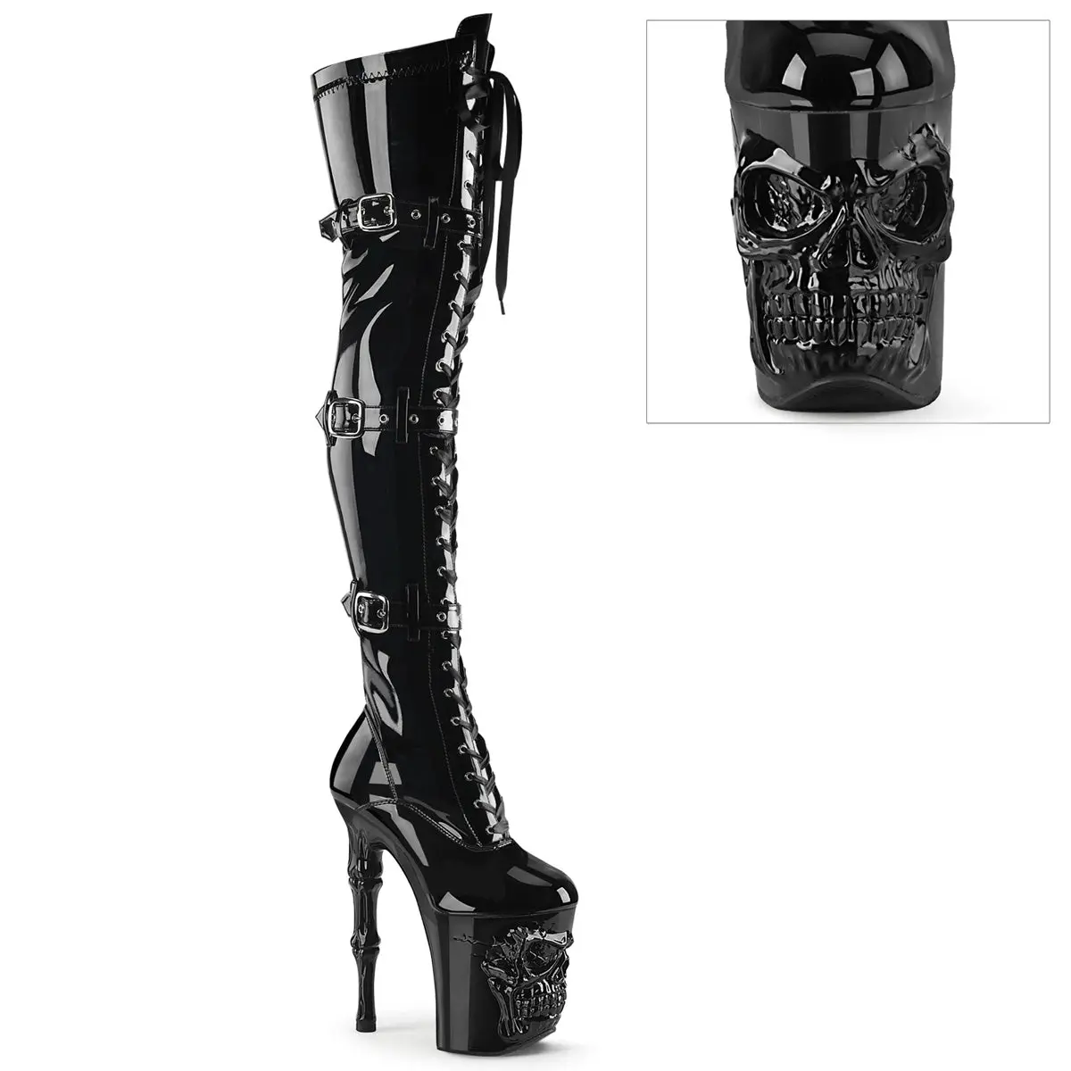 Women's 8-in Platform Heel Boots - RAPTURE-3028 Black Stretch Patent Style with Lace Closure, Buckle Detail, Skull Accent, Footwear, Zip, Decorative, Patent Leather, Party, Evening
