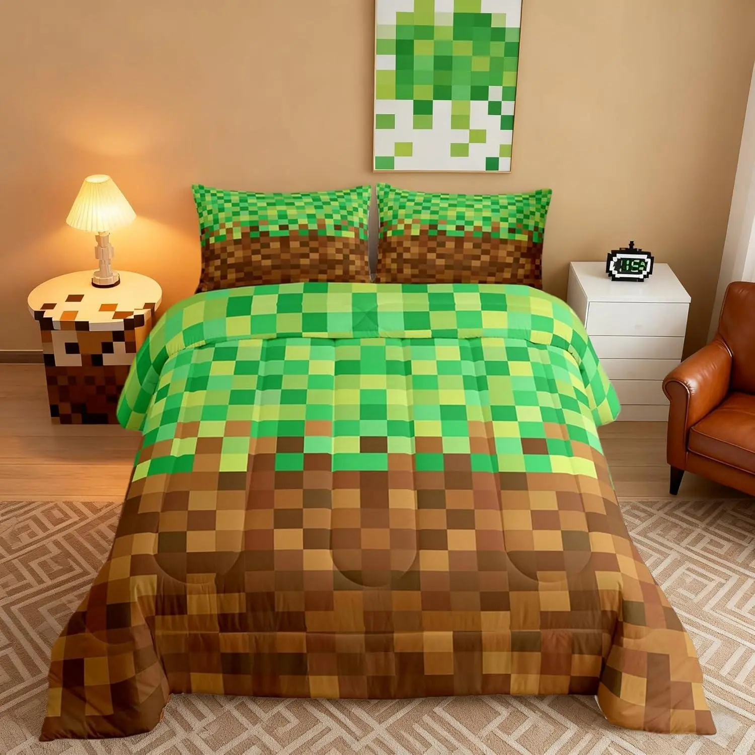 Pixelated Kids Comforter Set,Video Games Gamepad Miners Bedding Set for Teens Adults Bedroom Decor,Geometric Grid Duvet Insert,Brown Green Quilted Duvet Set