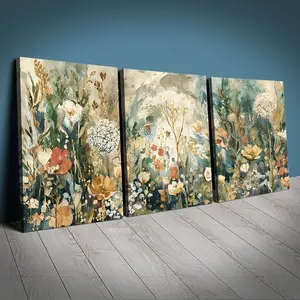 Set of 3 Sage Spring Wildflower Canvas Art Prints, 29.97x39.88 Cm Wood Frame Watercolor Landscape Wall Decor for Living Room Bedroom Dining Room