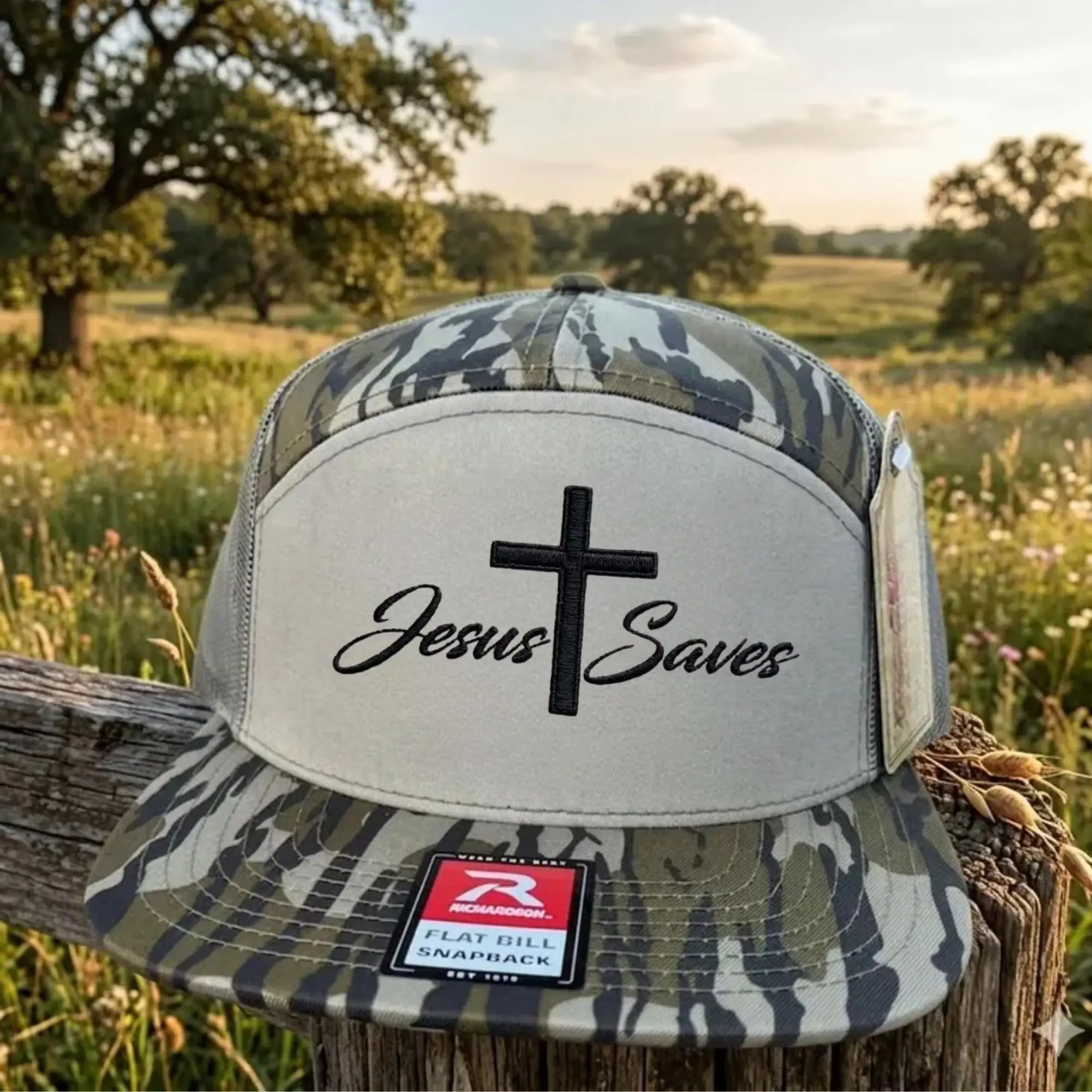 Jesus Saves Embroidered 7 Panel Hat, Christian Faith Trucker Cap, Brown Khaki Camo Snapback, Flat Bill Mesh Hat, Vintage Southern Outdoor Hat for Men & Women, Religious Gift