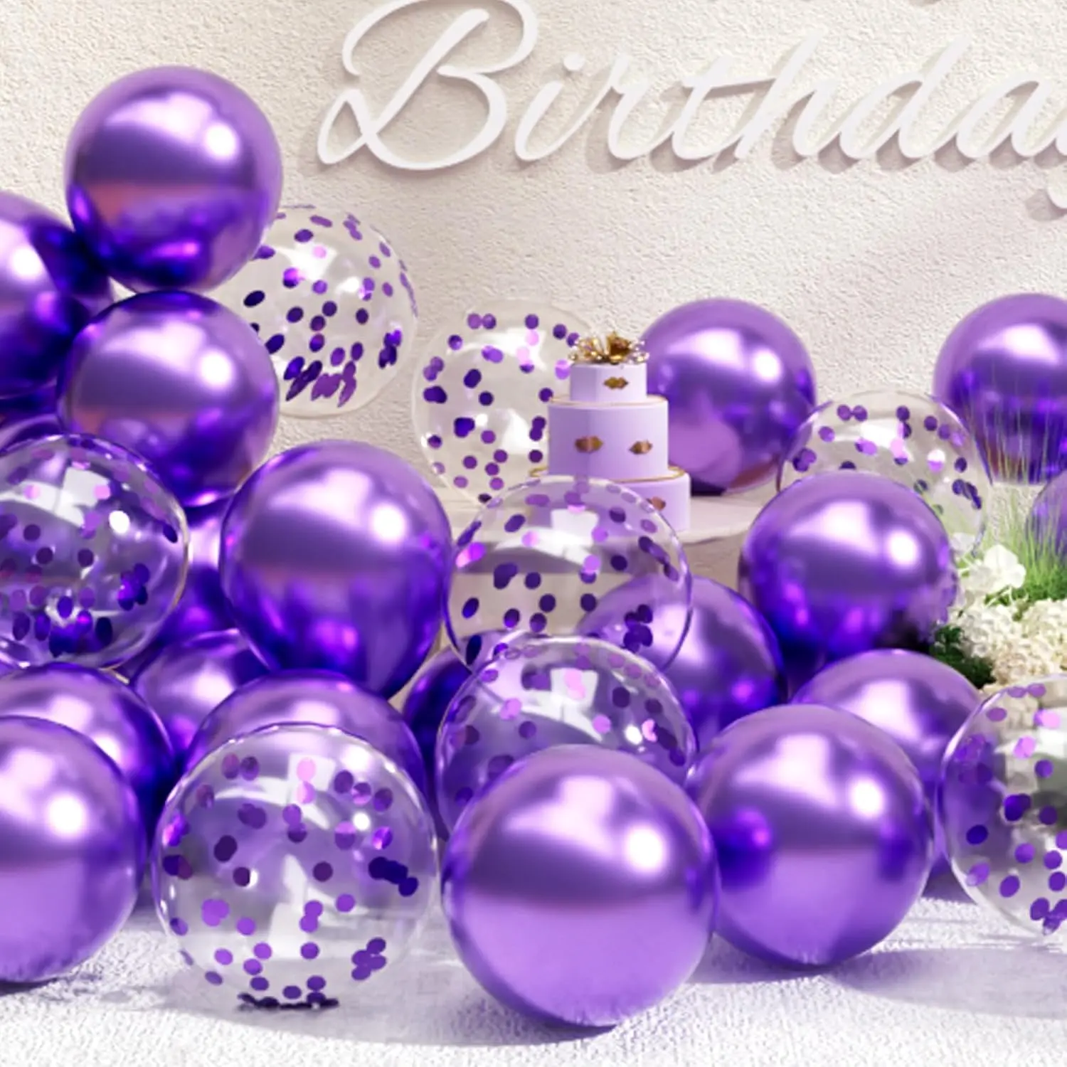 Purple Metallic Balloons and Confetti Balloons Set  count Latex Helium Chrome Dark Purple Balloon for Birthday Graduation Anniversary Party Decorations