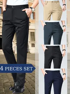 4 Pcs Men's Business Casual Pants, Slim Fit Mid Waist Dress Pants, Anti-Wrinkle Easy Care, Suitable for Office & Daily Wear