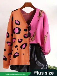 Women's V Neck Colorblock Leopard Print Cardigan, Casual Slim Fit Knit Sweater, Fashionable Long Sleeve Outerwear for Fall & Winter Knitwear