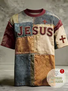 Unisex Jesus Faith Vintage Patchwork Print Textured Loose T-Shirt, Casual Streetwear Christian Cross Design, Short Sleeve Knit Top