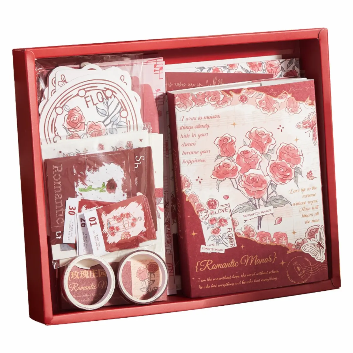 164pcs Elegant Greeting Card Gift Box Set with Handmade-Style Notebook & Decorative Bag - Romantic Floral & Heartfelt Phrases, Red & Design, Uncoated Paper for Weddings, Birthdays, Anniversaries, Valentine'S Day - Luxury Stationery Gift Set for Spec