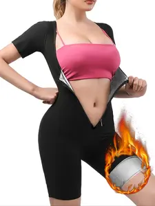 Women's Plain Zip Front Sports Shapewear Romper, Summer Clothes, Sporty Tight-fit Tummy Control Short Sleeve Shapewear Jumpsuit, Ladies Sauna Clothes for Workout Gym Exercise Fitness, Fitness Sport Outfits, Womenswear