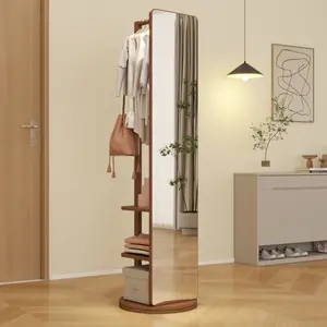 Solid Wood Rotary Full Length Mirror Coat Rack,Full-length mirror, rubber wood + mirror, 68.8*19.6 inches (mirror width: 15.7 inches) large full-length mirror, easy to dress, organize and place in the bedroom/living room/office/cloakroom (walnut)