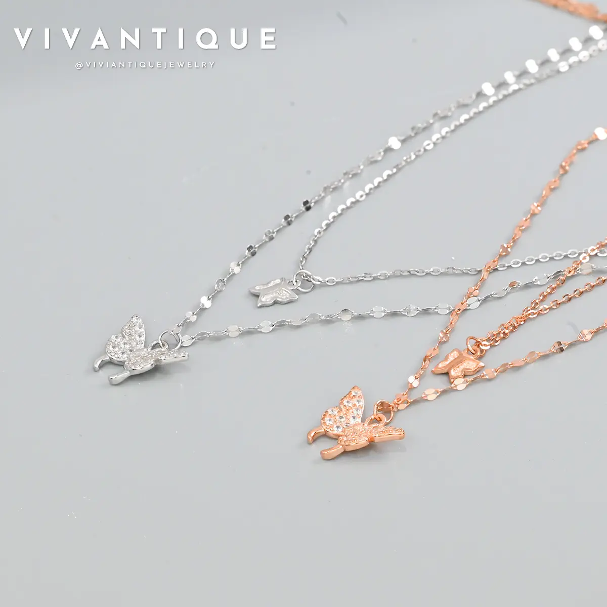 [Sold Out Soon]VIVANTIQUE Butterfly Necklace Double Layer 925 Sterling Silver Necklace