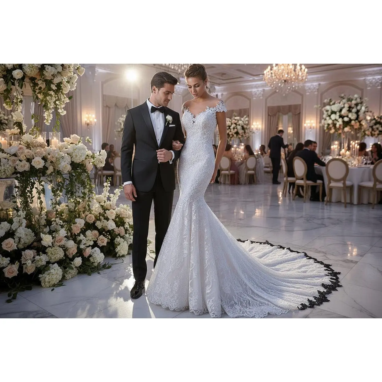 Princess Bride Mermaid White Trailing Backless Lace Wedding Dress