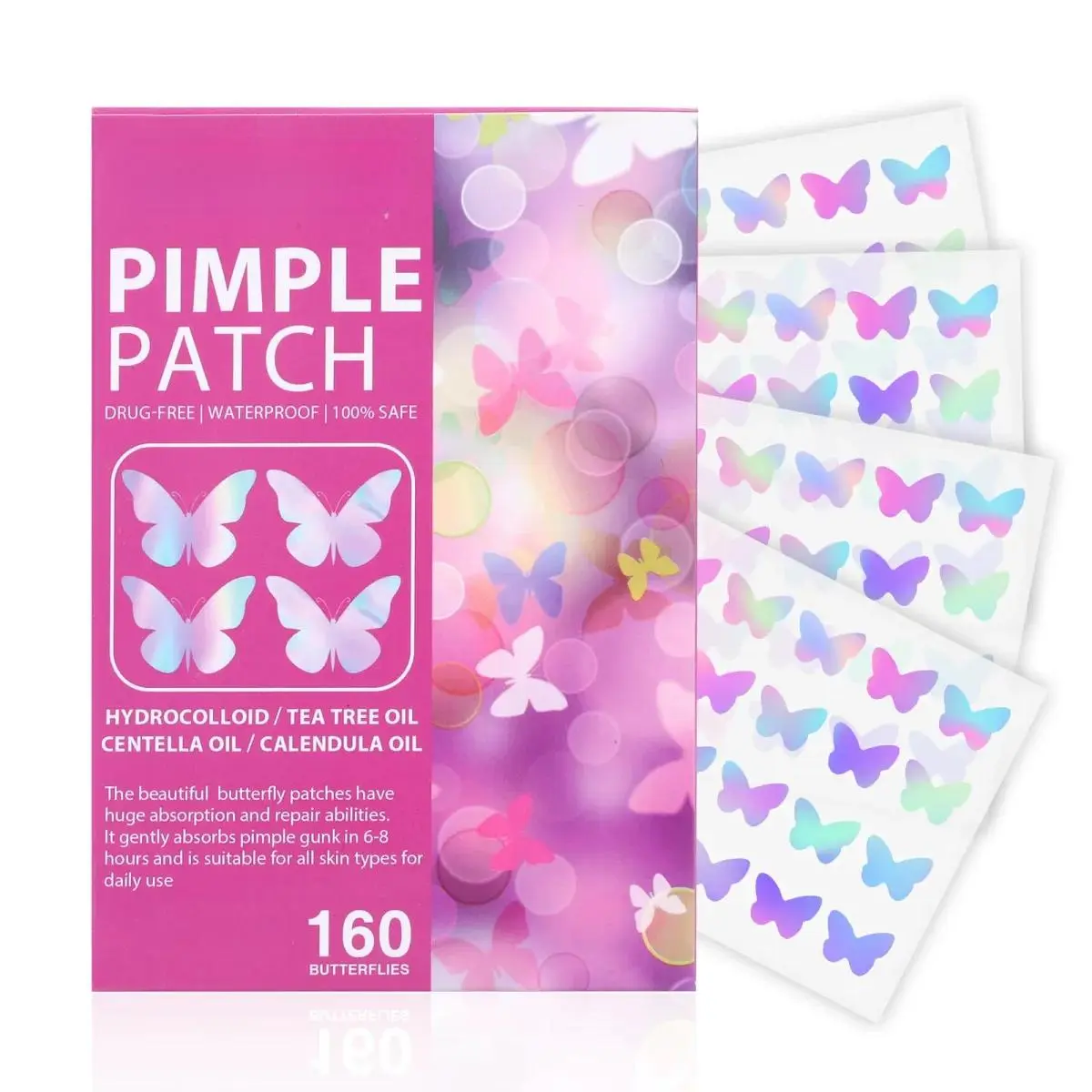 Acne Pimple Patches for Face (160 Counts), Hydrocolloid Acne Patches with Tea Tree Oil and Calendula Extract, Cute Colorful Butterfly Shape Spot Stickers for Skin Care, Zit Patches