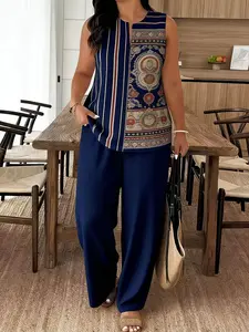 Plus Size, A 2pcs Women's Casual Suit Featuring a Sleeveless Top Paired with Relaxed Long Pants.The Vacation Inspired Design Features Vibrant Printed Art Patterns and Is Soft to the.