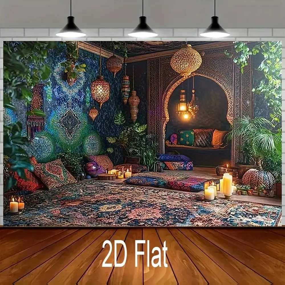 1pc 2D Flat Bohemian Glam Indoor Decor Banner - Moroccan-Themed Durable Patterned Textile, Vibrant Background Cloth, Intricate Persian Rugs Print, Elegant Hanging Lanterns Design, Exotic Lush Greenery Motif, Rich Textured Machine-Washable Hangable Cloth,