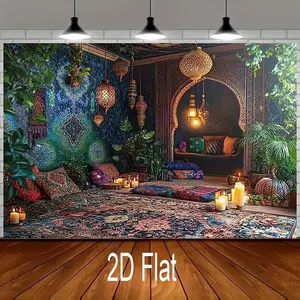 1pc 2D Flat banner Bohemian Escape: Luxurious Moroccan-Themed Oasis Featuring Vibrant background cloth, Intricate Persian Rugs, Elegant Hanging Lanterns, Exotic Lush Greenery, Rich Textured Fabrics