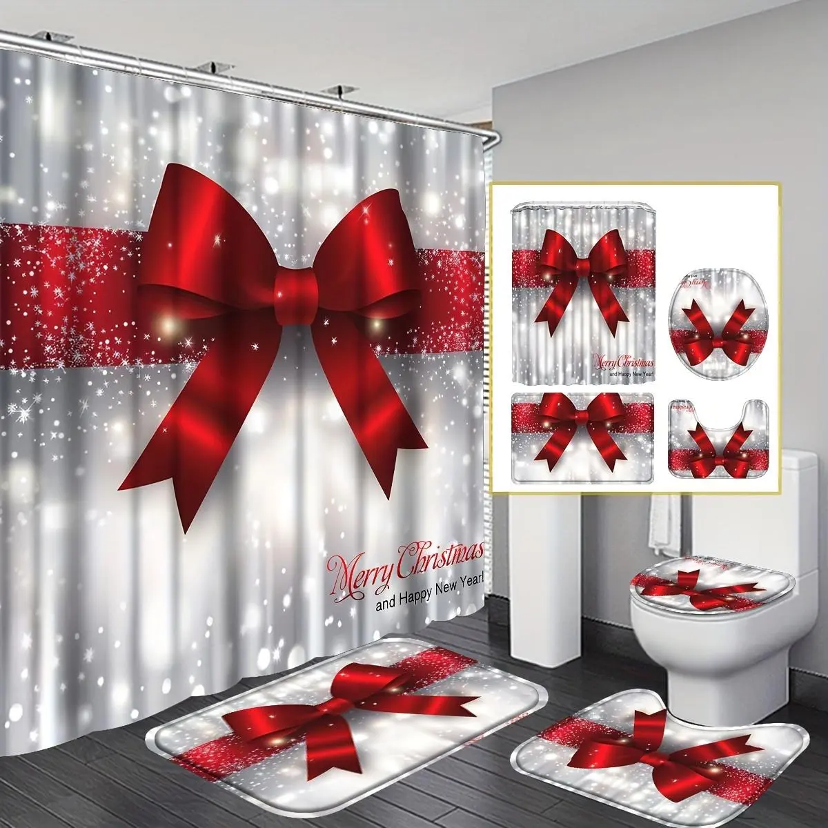 4pcs Merry Christmas Shower Curtain Set, Cute Christmas Fabric Polyester 12 Hooks Shower Curtain with Non-Slip Bathroom, Toilet U-Shaped, Toilet Lid Cover Pad, Machine Washable Bathroom Additions, Bathroom Christmas Decor