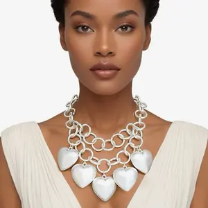 Bold Silver Heart Statement Necklace   Make a statement without saying a word  This stunning layered chain necklace features oversized silver-tone links with beautiful dangling heart charms that add the perfect touch of elegance and shine.   Featur