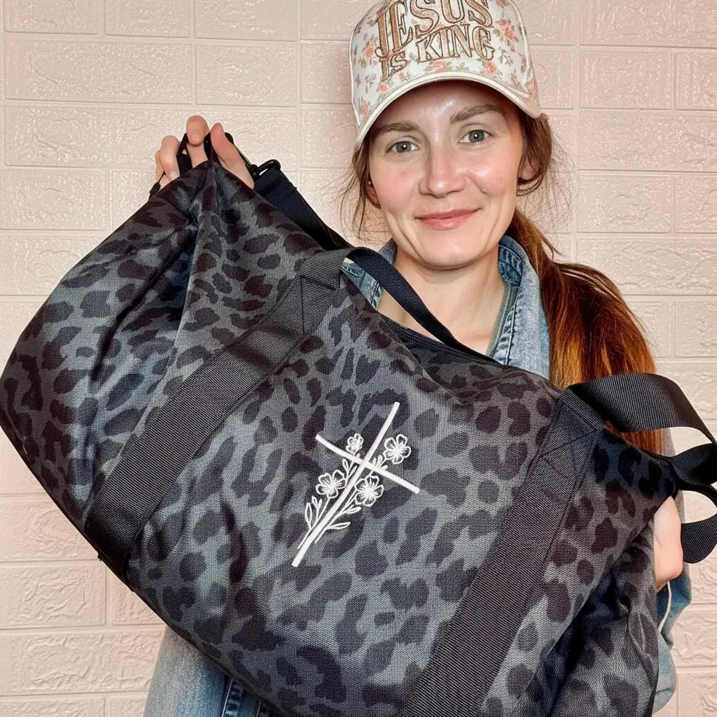 Black Leopard Cross Embroidered Duffle Bag